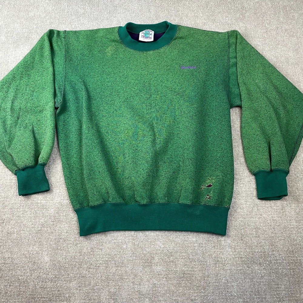 Vintage Duofold Sweatshirt Mens Medium Green Mottled Print Fleece Lined Pullover